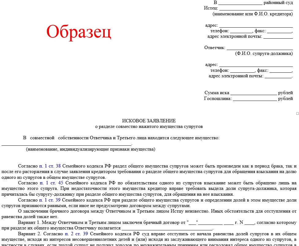 Образец заявления на раздел имущества
