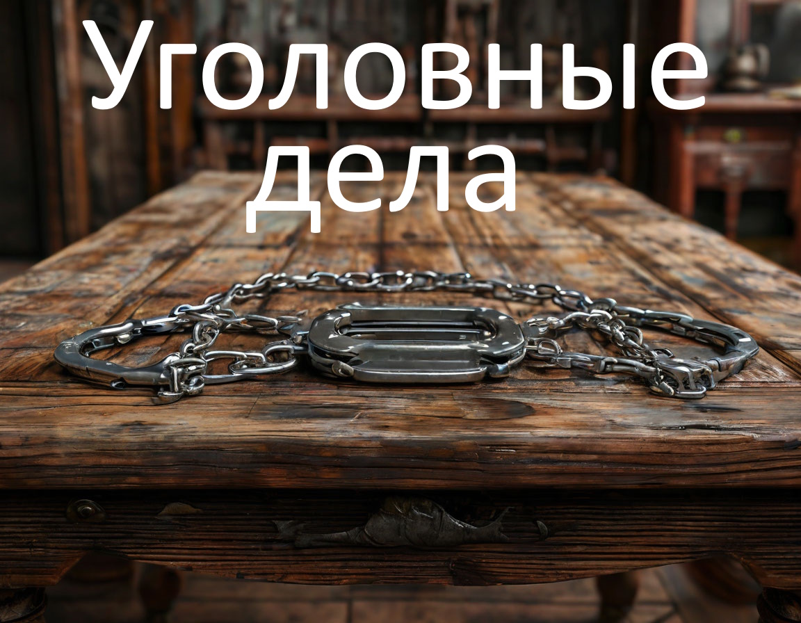 Изображение деревянного стола с кандалами и надписью "уголовные дела"