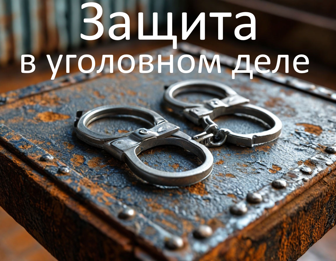 Изображение наручников на железном столе и надпись "Защита в уголовном деле"